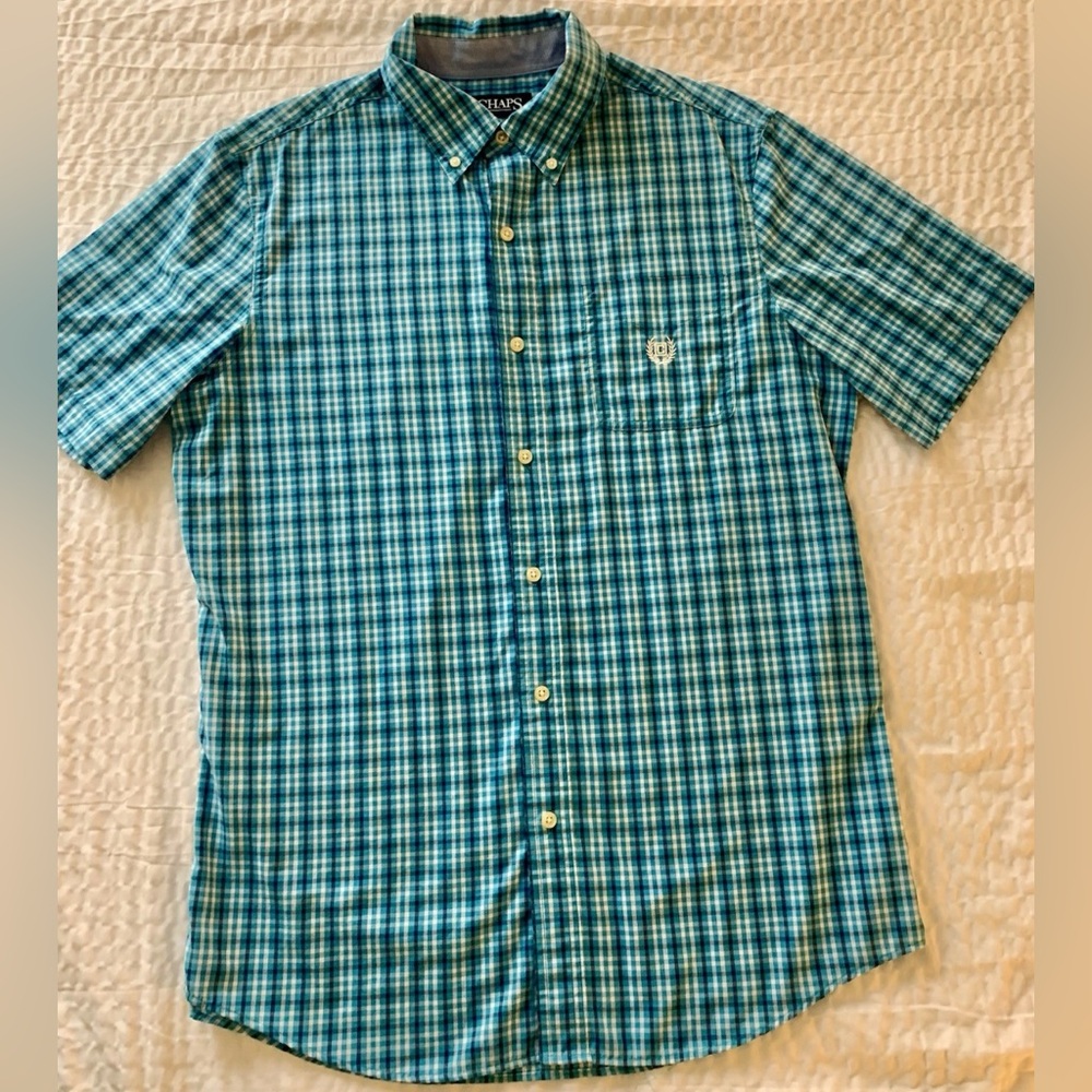 Chaps Shirt Men’s Short Sleeve Plaid Teal Size Medium
